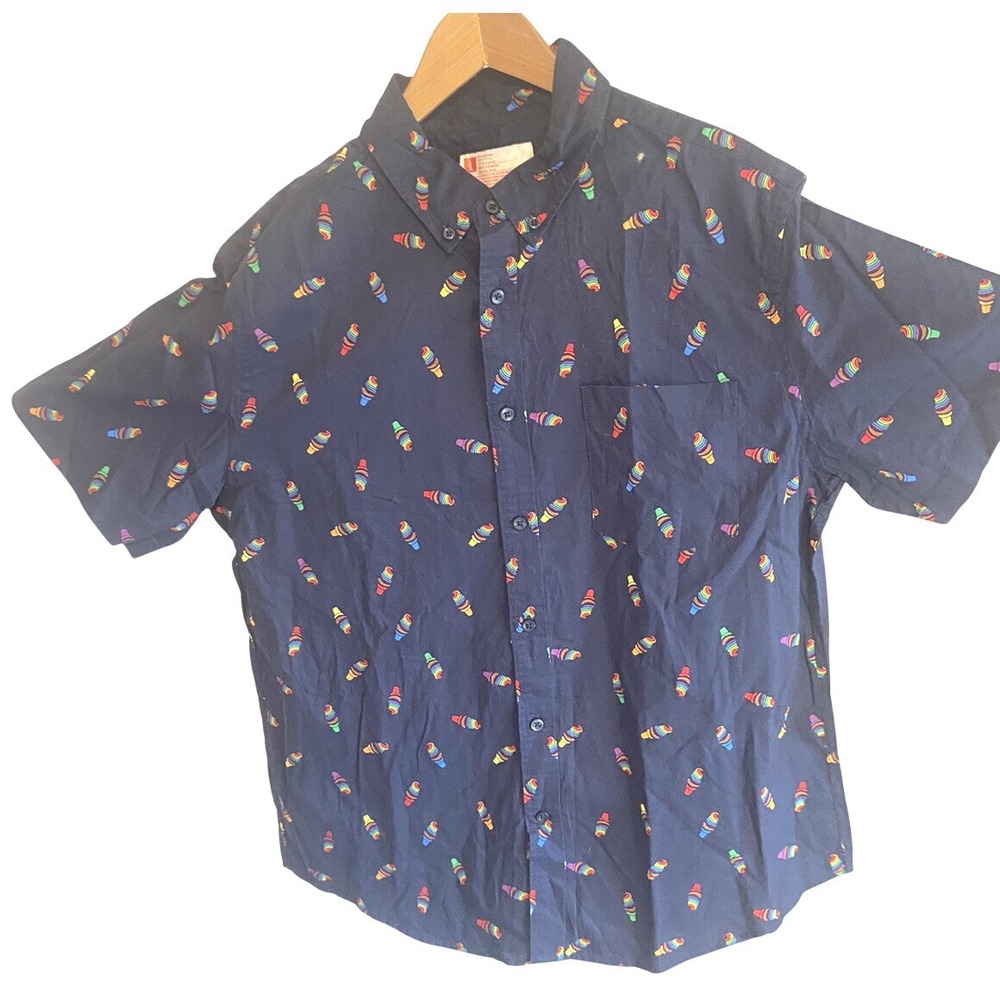 Take Pride Mens Navy Blue Rainbow Ice Cream Cone Cotton Button Down Shirt‎ Large